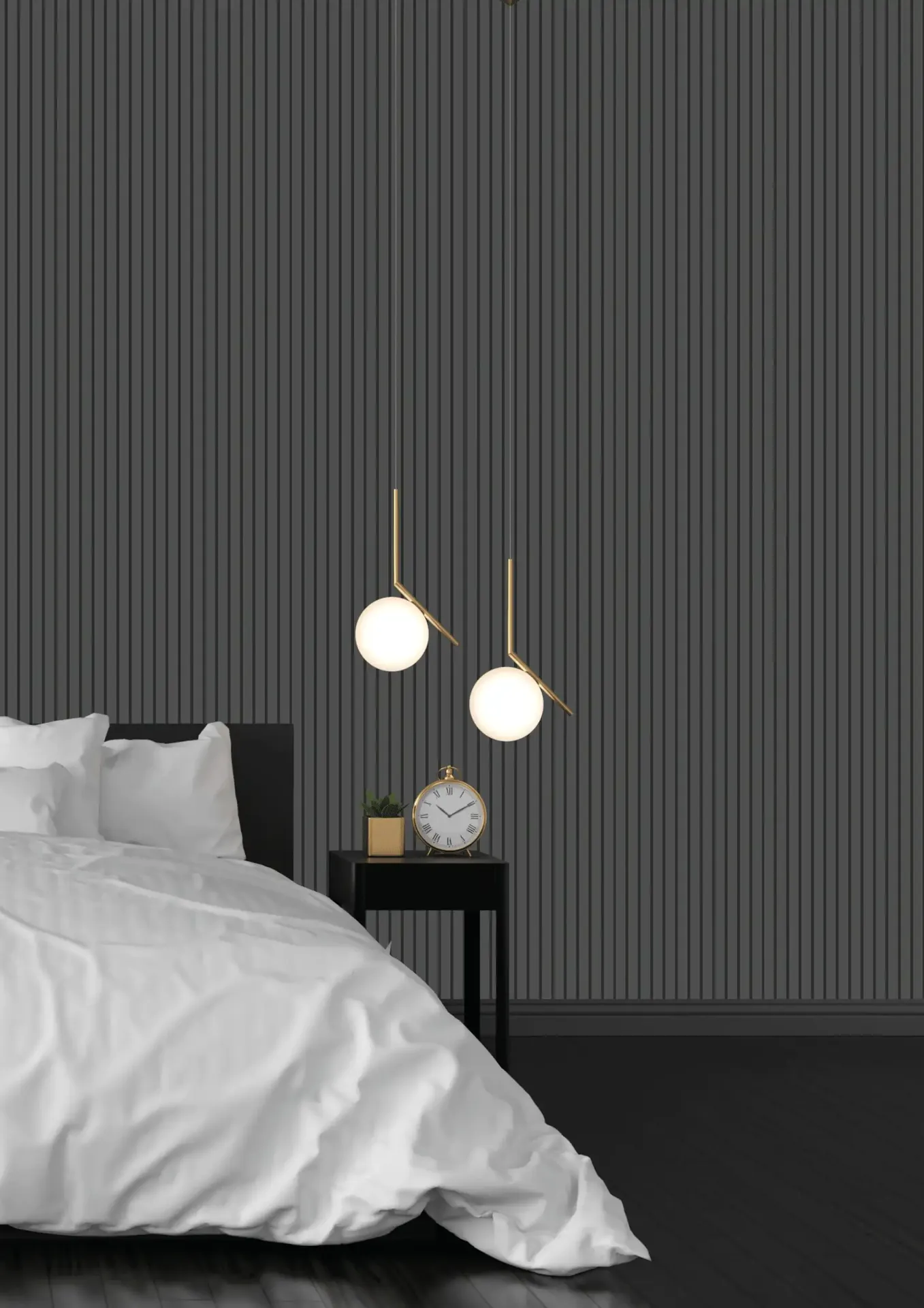 Charcoal WPC louvers behind a bed